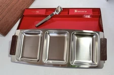 Vintage Burnco Stainless Steel Serving Triple Tray Wood Handle Spoon Japan