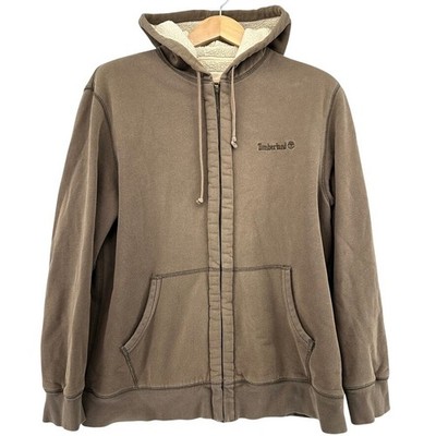 Timberland Brown Sherpa Lined Full Zip Hoodie Jacket XL Grunge Thick Heavy Duty