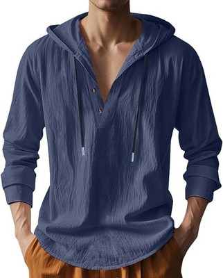Men Cotton Linen Hoodie Shirt Long Sleeve Button Down Casual Hawaiian Beach Yoga