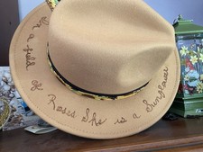 Tan Felt Western Hat w/ Sunflower Brim Band  Handwritten Quote on Brim