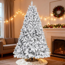 4-7 ft Snow Flocked Christmas Tree White Artificial Xmas Tree w/Stand Pinecone