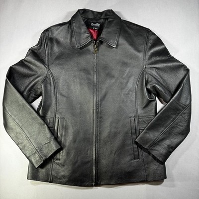 Excelled Collection Women s L Black Leather Jacket Zip Front Red Lining Bomber