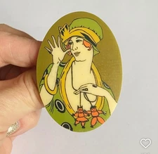 Vintage Early Lea Stein Serigraphy Face Brooch Green Plastic Large Pin Oversized