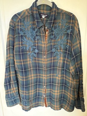 Johnny Was Workshop Women's Plaid Button Up Cotton Blouse, Teal/Brown, Size L
