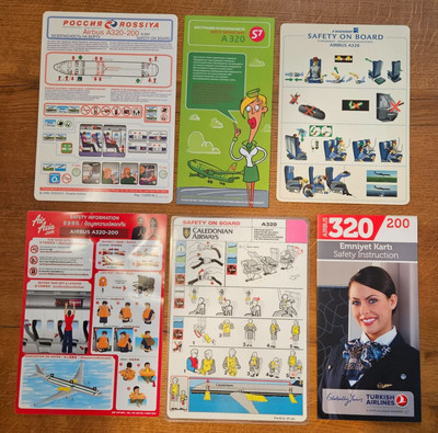 6 Safety cards Airbus A320 (Rossiya, S7, Finnair, Air Asia, Caledonian, THY)