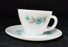 Vintage Fire King Milk Glass Bonnie Blue Carnation Flower Coffee Tea Cup Saucer