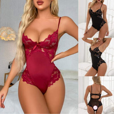Damen Sexy Dessous Rot Spitze Bodysuit Lingerie Babydoll Reizwäsche Nachtwäsc  )