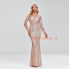 Ladies Sequins Elegant V-neck Evening Dress Floor Length Formal Prom Gown New