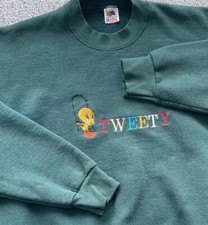 Vintage Tweety Bird On A Swing Sweatshirt Extra Large Green Embroidered USA Made