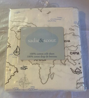 Sadie & Scout Baby Crib Sheet 100% Cotton World Map Ocean Compass NEW