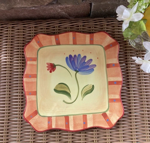 Pfaltzgraff Napoli Handpainted Trivet 8" Square Scalloped Edge Orange Purple