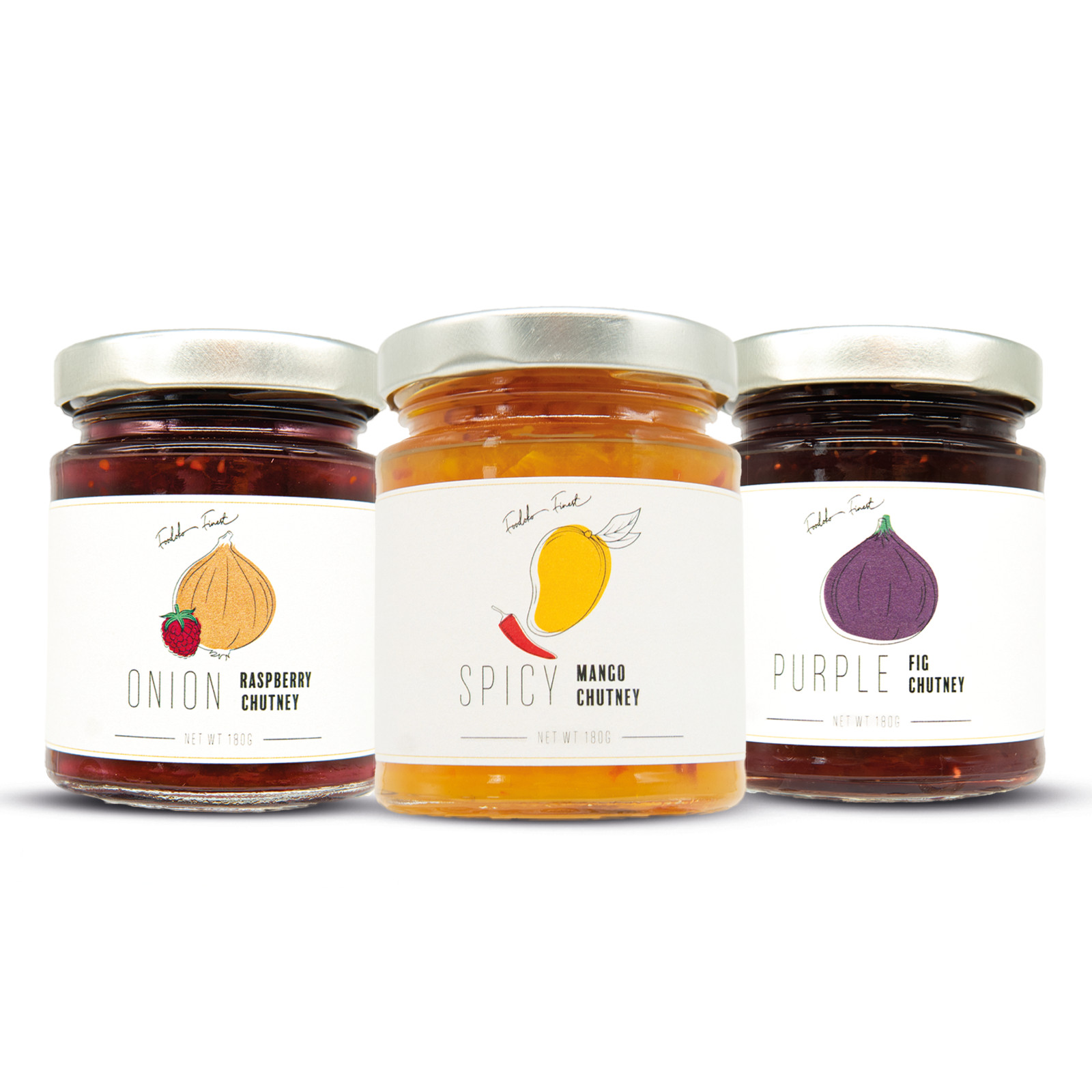 Relish / Chutney Set con Mango Picante, Higo y Cebolla Frambuesa (3x180g)