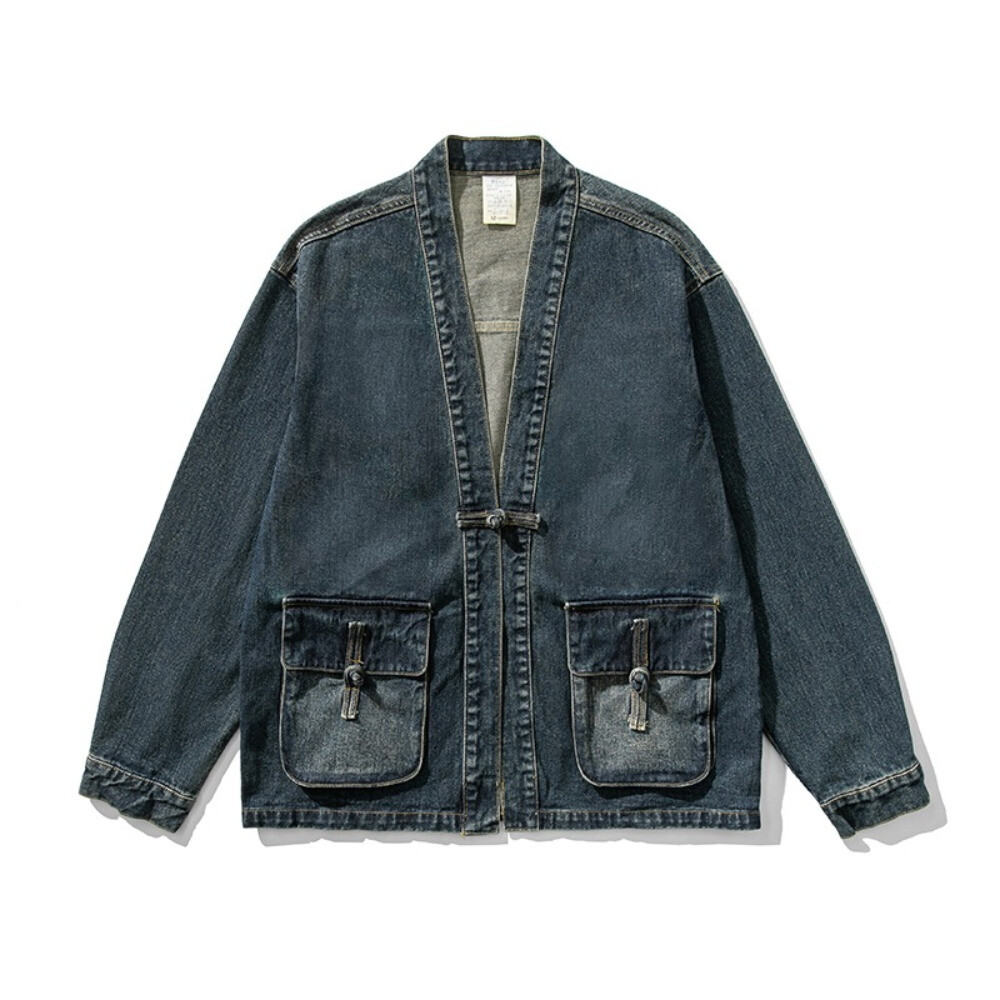 Denim Men Cargo Jacket Coat Cardigan Japanese Chinese Pocket Retro