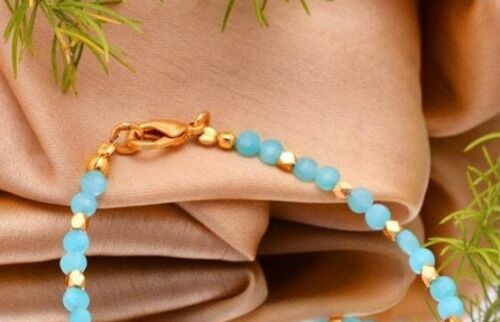 Bracciale donna ottone regolabile pietra preziosa tonda sfaccettata acquamarina blu 3 mm - Foto 2 di 4