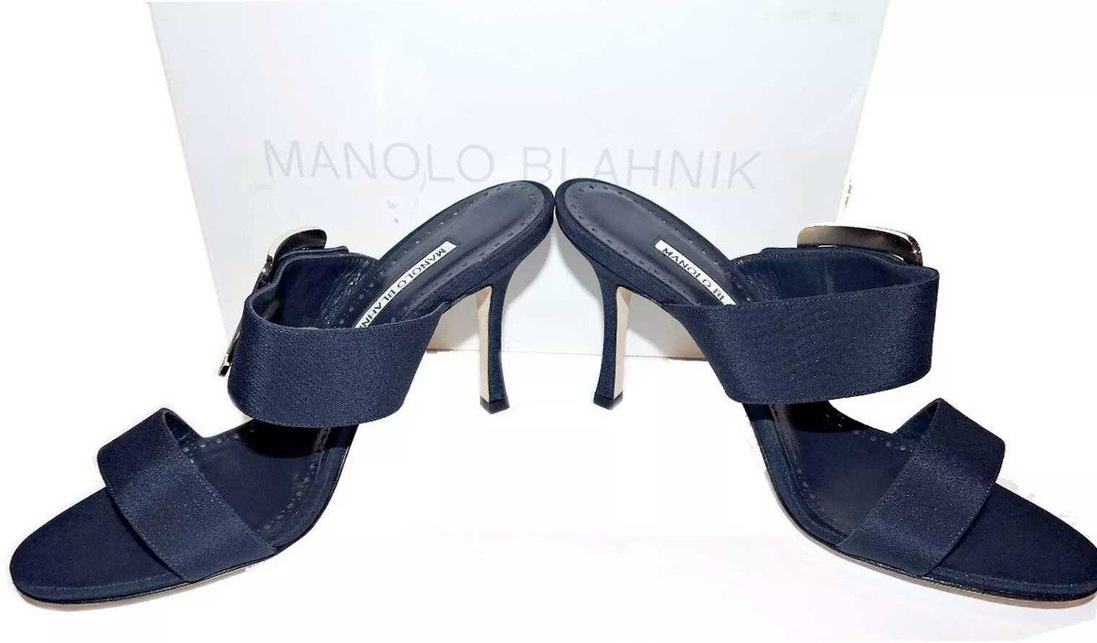 SZ 39.5 Manolo Blahnik Sandals Buckle Slides Navy Blue Satin
