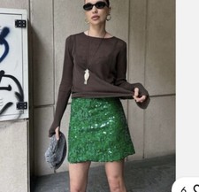 New Zara 89 Sequin Green Floral Flower Mini Skirt 2527/147 Small Medium
