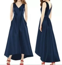 Alfred Sung D723S Midnight Blue Satin V-Neck High/Low Gown $238 New Size 10
