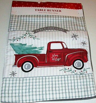 CHRISTMAS TABLE RUNNER 13'' X 72''  PEACE,JOY+LOVE   VINTAGE RED TRUCK  