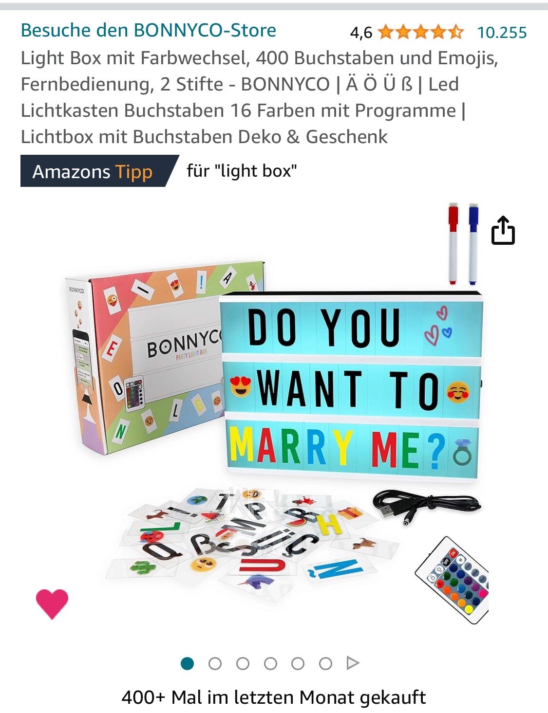 BONNYCO Light Box A4 mit 400 Buchstaben Emojis 2 Stifte Ä Ö Ü ß Led