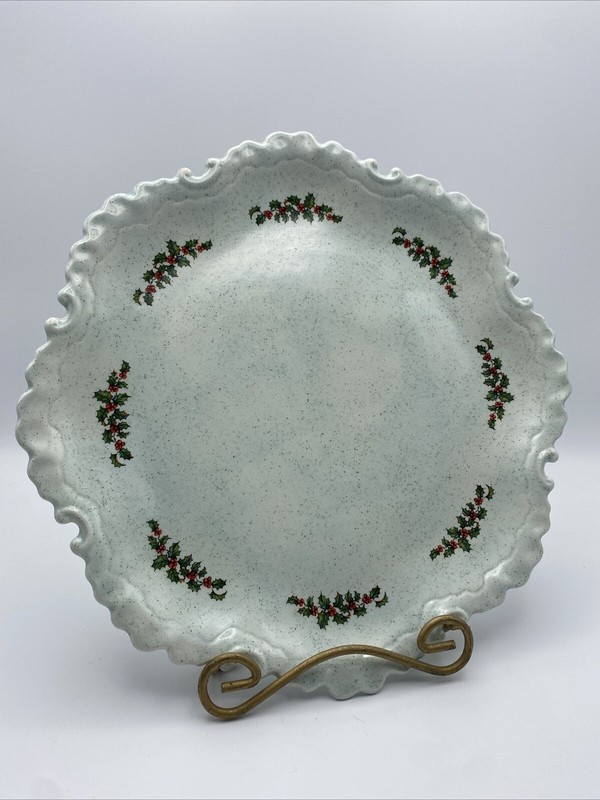 Christmas Serving Plate Platter Vintage Signed Chris 80 Holly Berries 11 1/4