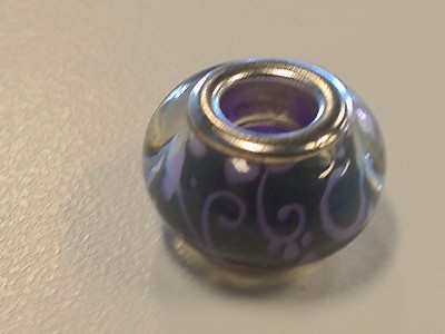 Large Hole Flower Pattern Acrylic European Bead, Purple / Black with Silver Tone