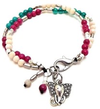  75 Beaded Semi Gemstone Bracelet Crystal 15mm Lucky Silver Elephant 7-7.5" Pink