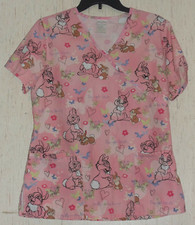 EXCELLENT WOMENS Disney THUMPER PRETY PINK W/ FLORAL PRINT SCRUBS TOP SIZE S