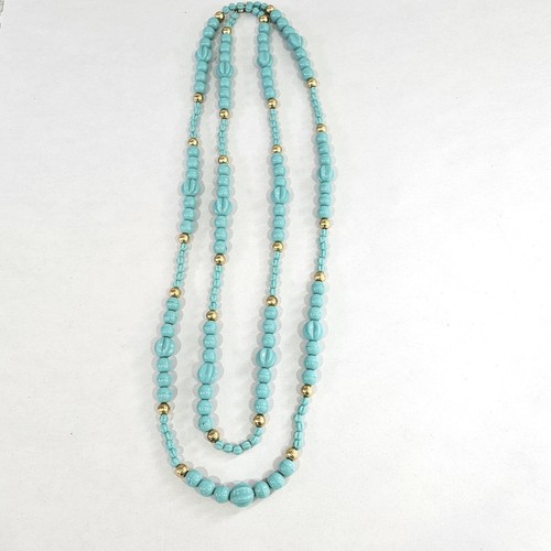 Vintage 62" Turquoise Color Stone & Gold Tone Beaded Necklace