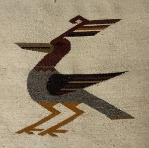 Hand Woven Ecuadorian Roadrunner Wall Hanging Vintage Tapestry 16 x 16 1970's
