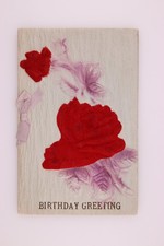1912 Vintage Birthday Card Red Rose Fabric Applique Embossed Used