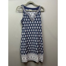 Magnolia Grace Dress Womens Small Navy White Geometric Print V Neck Sleeveless