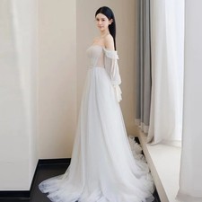 Simple White Tulle Wedding Dresses Strapless A-Line Puff Sleeves Bridal Gowns