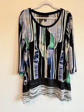 Style & Co Women's Abstract Tunic Top Blouse Blue Green Black 3/4 Sleeve Size XL