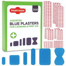 200pk Blue Plasters  Waterproof  Assorted Sizes Catering First Aid Fabric Latex