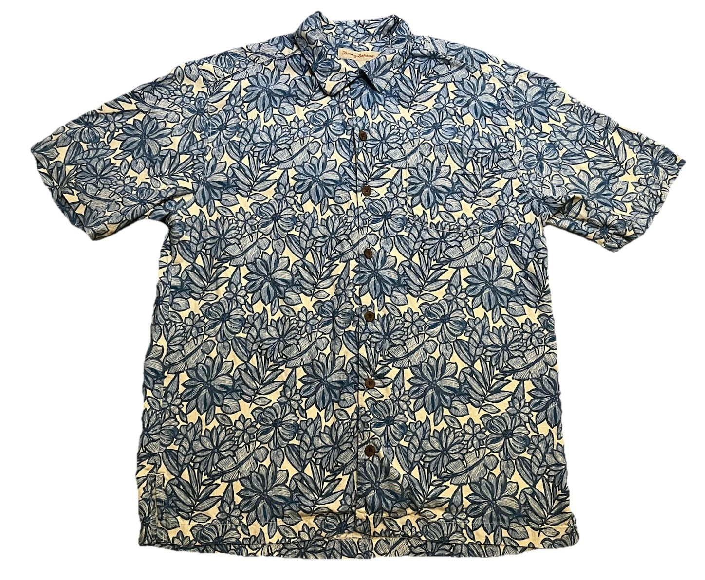 Tommy Bahama 100% Silk Hawaiian Shirt Mens Sz M Blue Floral Camp Loop Collar