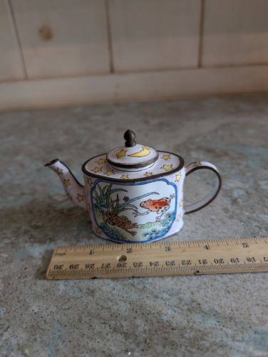 Miniature Enameled Copper Brass Teapot Leaping Frogs Moon Stars Pink Yellow - Picture 11 of 11