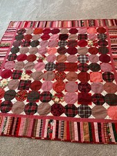 Rustic Red and White Snowball Wall Quilt - Homemade Hand Quilted 67" x 67"