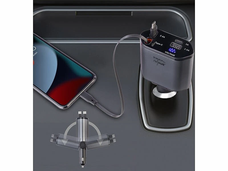 4in1 Kfz USB Ladegerät 66W, 2 ausziehbare USB-C Kabel, USB-C & USB-A - Bild 4 von 4
