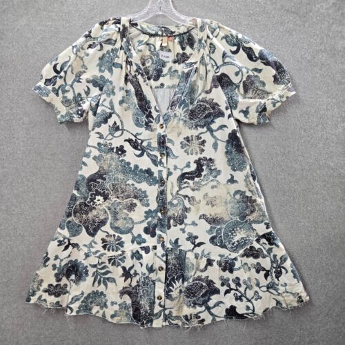 Anthropologie Pilcro Women Dress M Blue Floral Linen Blend Mini Button Front