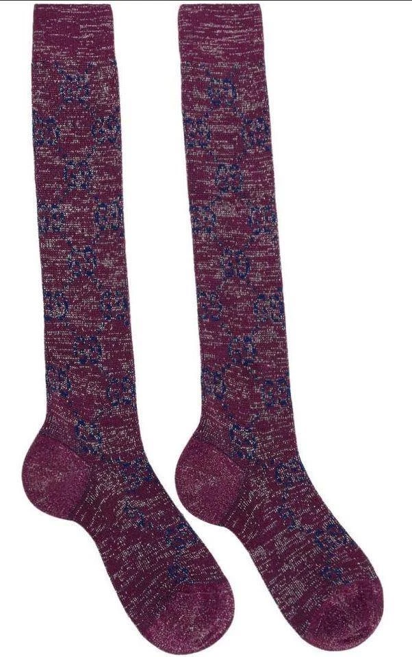 NEW GUCCI CURRENT PURPLE & BLUE LAME GG COTTON KNEE-HIGH SOCKS S/8