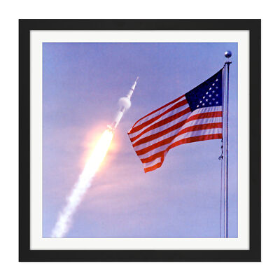 Space NASA Apollo 11 Saturn V Rocket Launch Flag Photo Square Framed Wall Art