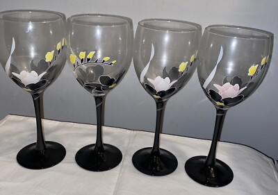 New Vintage Luminarc Domino Anais Black Stem Wine Glasses Set of 4 Floral