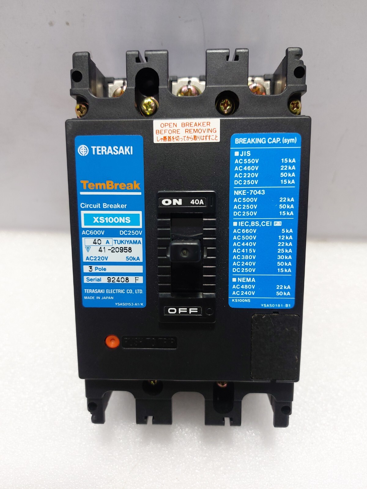Terasaki XS100NS TemBreak Circuit Breaker 40A 50kA 3 Poles AC600V DC250V