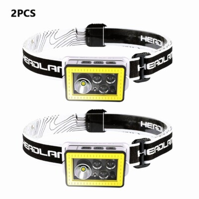 2PCS LED Headlamp USB Rechargeable Headlight Torch Work Light Bar Head Band Lamp