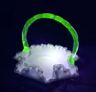 Vintage Fenton Silver Crest Milk Glass Ruffled Basket, Has Green Manganese Glow