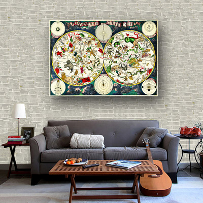 Fabric Canvas Poster Vintage Constellation World Map Bar Cafe Wall Decor S42