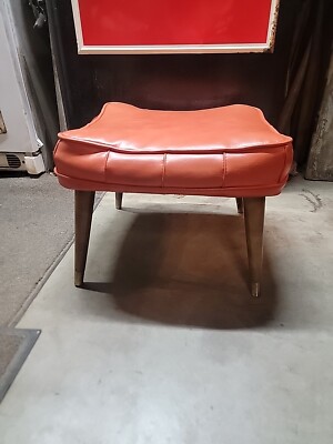 Vintage Mid Century Orange Vinyl Foot Stool Ottoman w/ Tapered Wood Brass  Legs