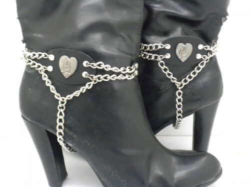 Boot Straps Praying Black Leather Biker Western Chain Buckle Women's New PAIR - Picture 6 of 7