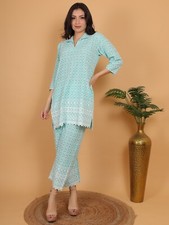 Women's Cotton Kurta with Pants Set Chikankari Embroidery Style Tunic Co-Ord Set