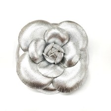 3" Silver Camellia Brooch Pin - Genuine Leather Fabric Flower Lapel- Made in USA